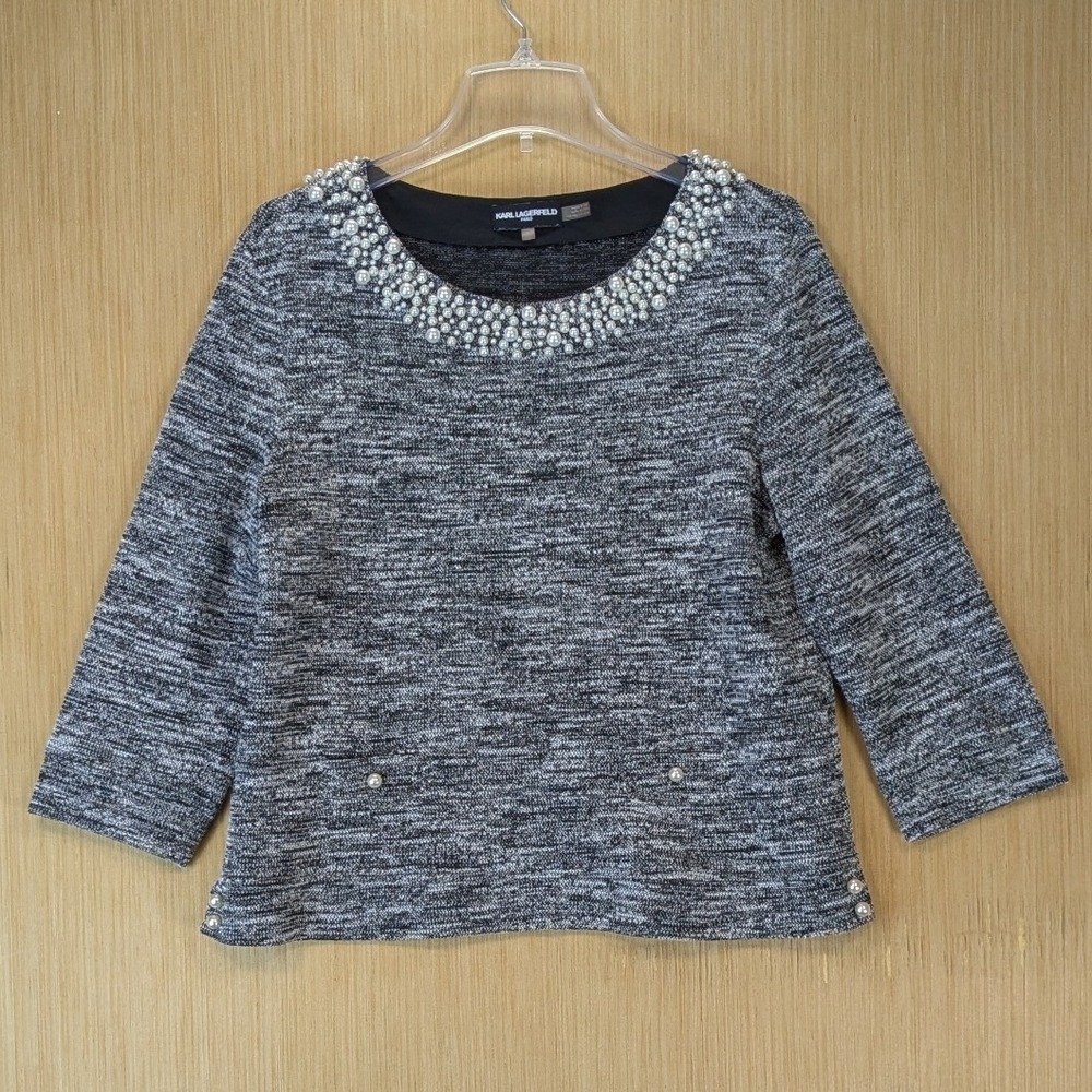 Karl Lagerfeld Paris Old Money Chic Pearl Embellished Tweed Knit Top Black White